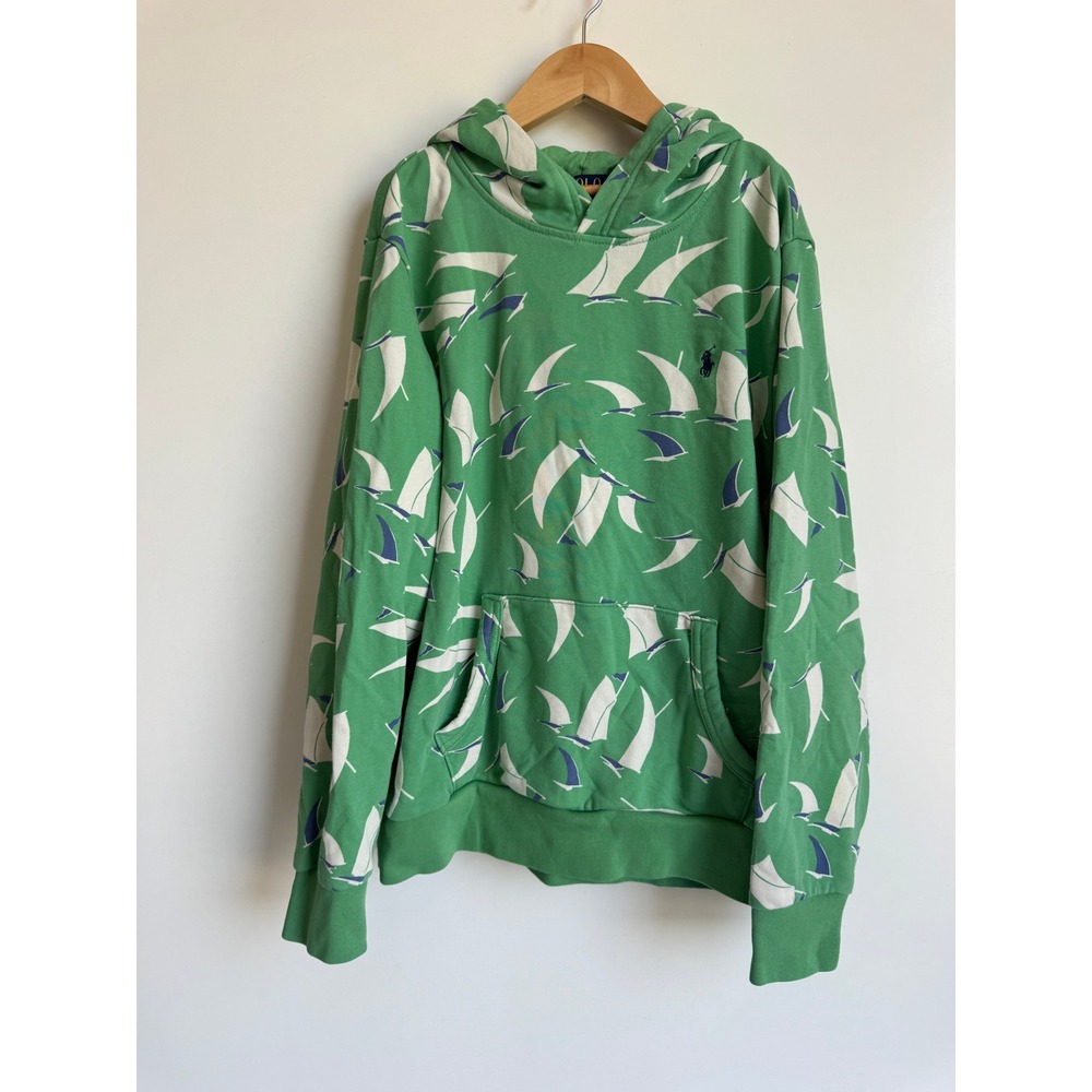 Polo Ralph Lauren Boys Green Nautical‎ Sailboat Hoodie Sweatshirt Size L 14-16
